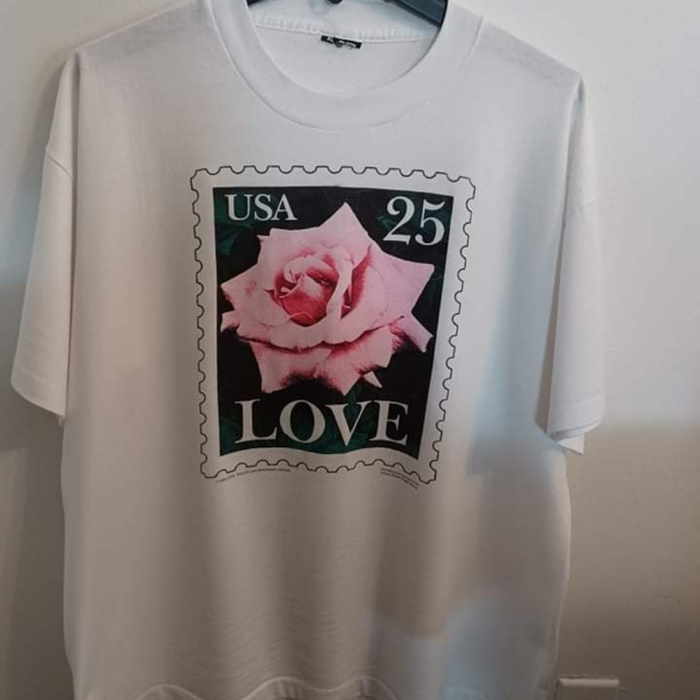 Vintage 80s Love Rose Pink Flower USA 25 Stamp Design T-Shirt Size XLarge Floral